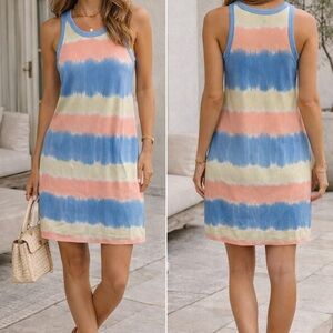 SO Tie-Dye Tank Swim Cover-Up Dress in Blue, Peach & Cream